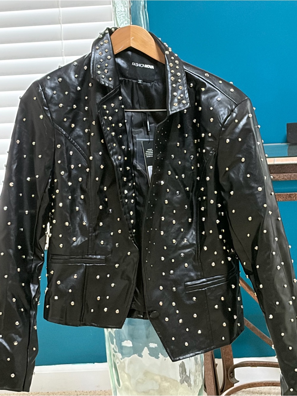 Fashion Nova Black Studded Faux Leather Moto Jacket